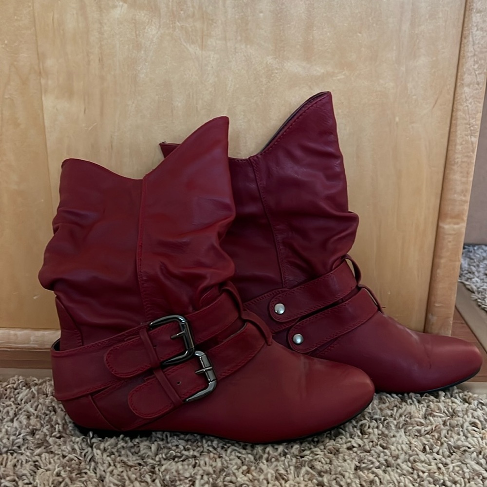 Red leather boots